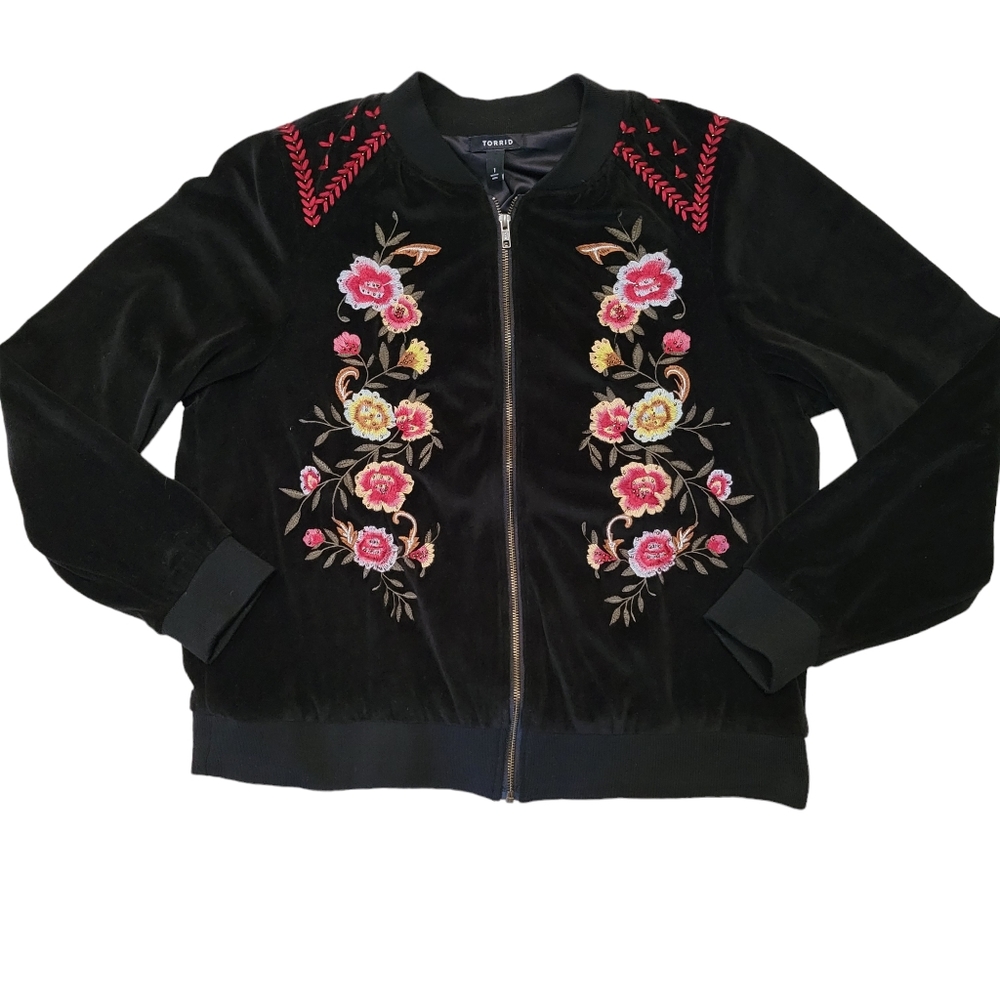 Torrid Black Velvet Boho Embroidered Floral Jacket - Picture 2 of 7